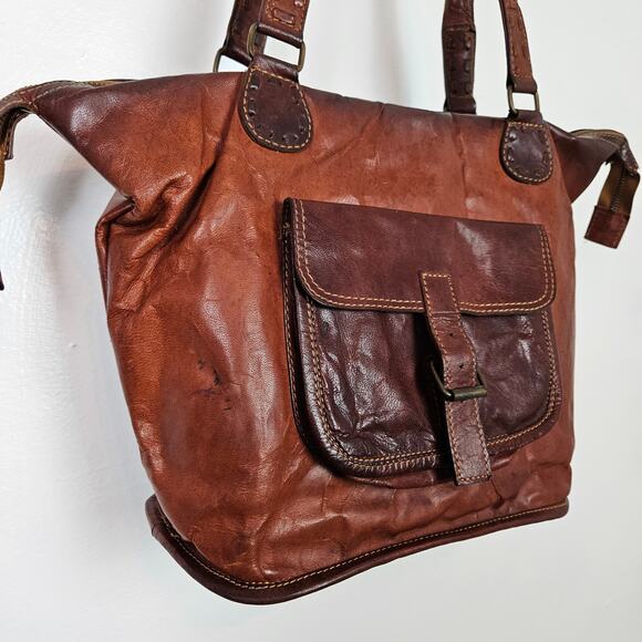 Noonday Collection Leather Zip Top Shoulder Bag Purse Cognac Brown Tote - Picture 2 of 16